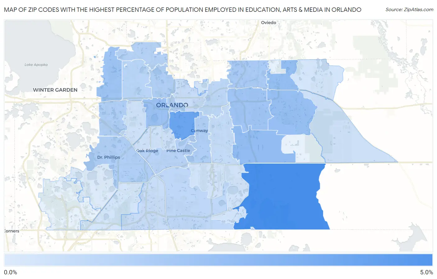 Zip Codes with the Highest Percentage of Population Employed in Education, Arts & Media in Orlando Map