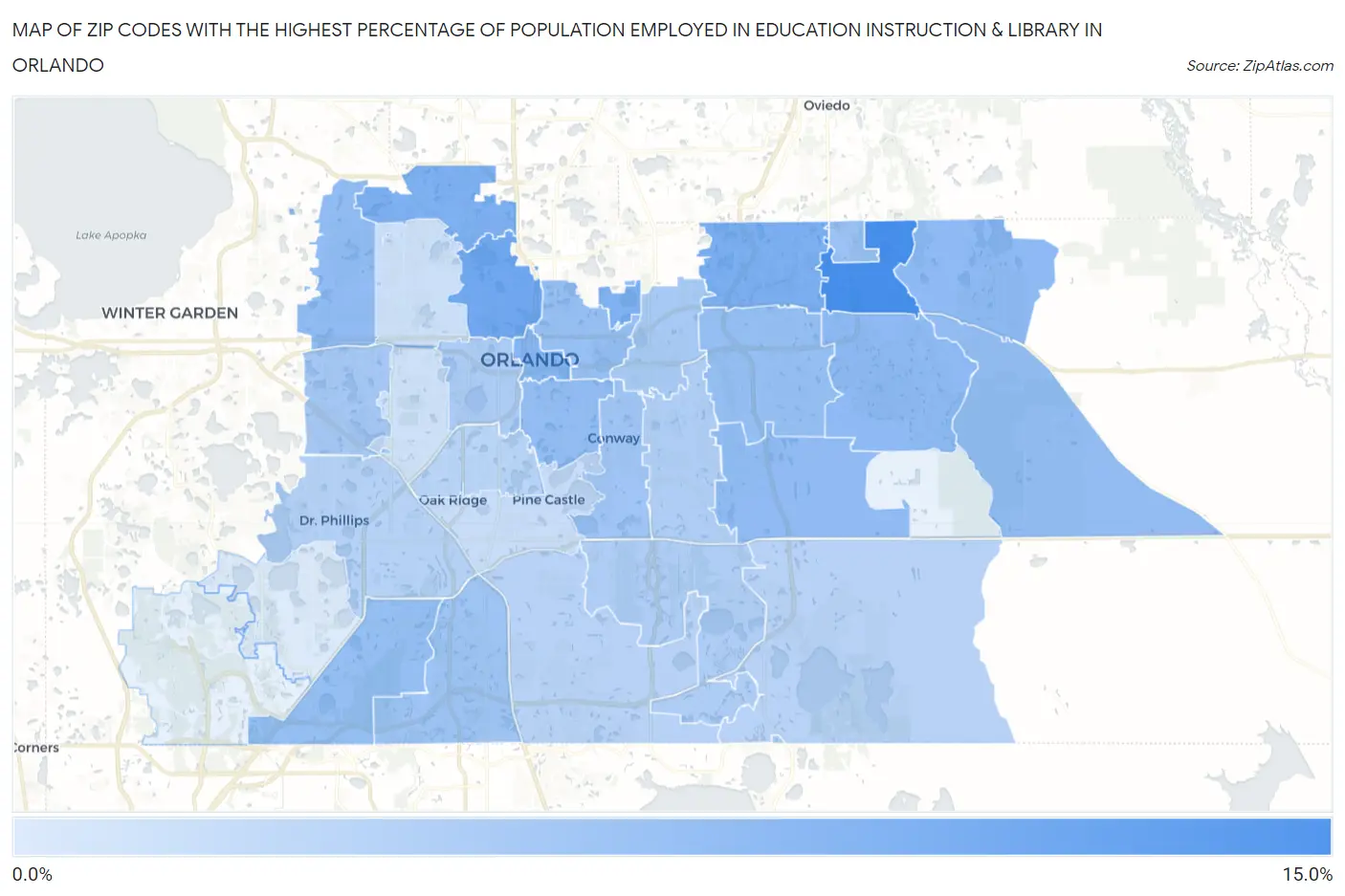 Zip Codes with the Highest Percentage of Population Employed in Education Instruction & Library in Orlando Map
