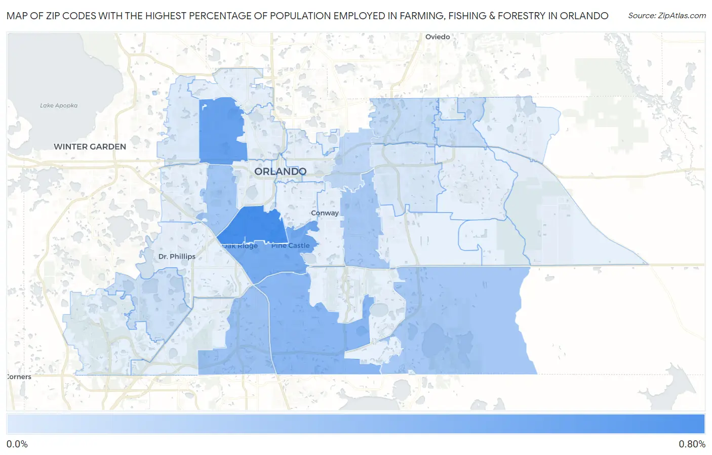 Zip Codes with the Highest Percentage of Population Employed in Farming, Fishing & Forestry in Orlando Map
