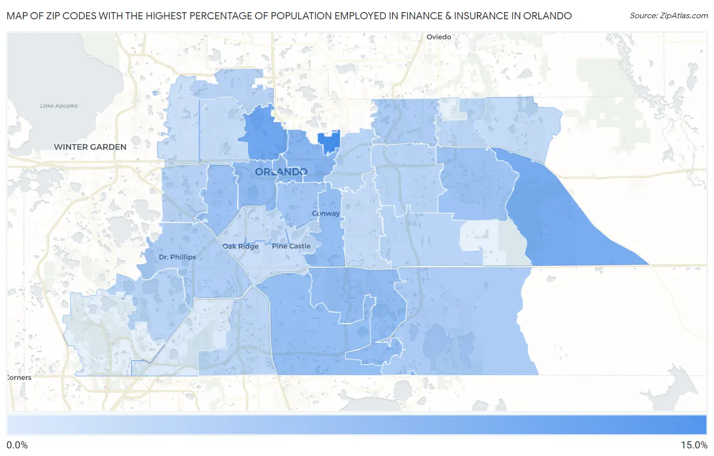 Zip Codes with the Highest Percentage of Population Employed in Finance & Insurance in Orlando Map