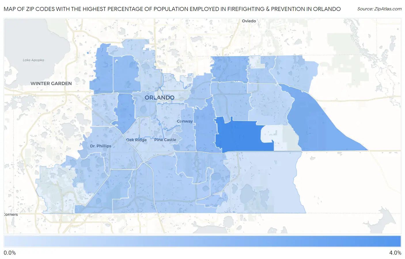 Zip Codes with the Highest Percentage of Population Employed in Firefighting & Prevention in Orlando Map