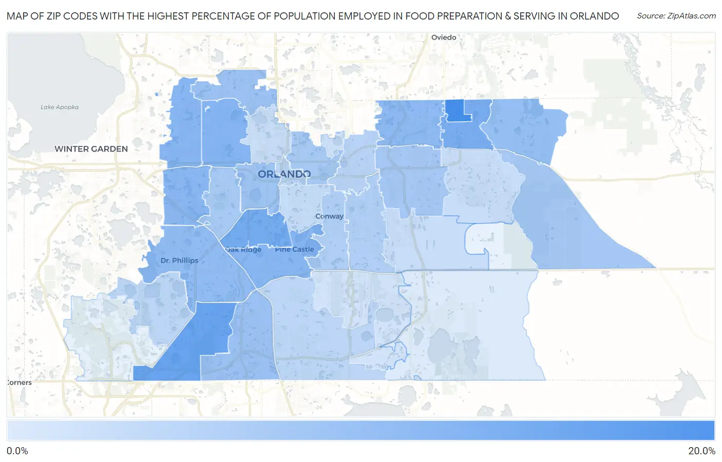 Zip Codes with the Highest Percentage of Population Employed in Food Preparation & Serving in Orlando Map
