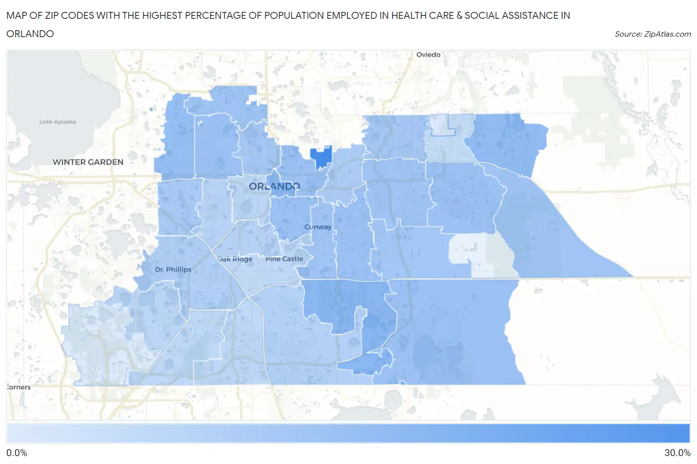 Zip Codes with the Highest Percentage of Population Employed in Health Care & Social Assistance in Orlando Map