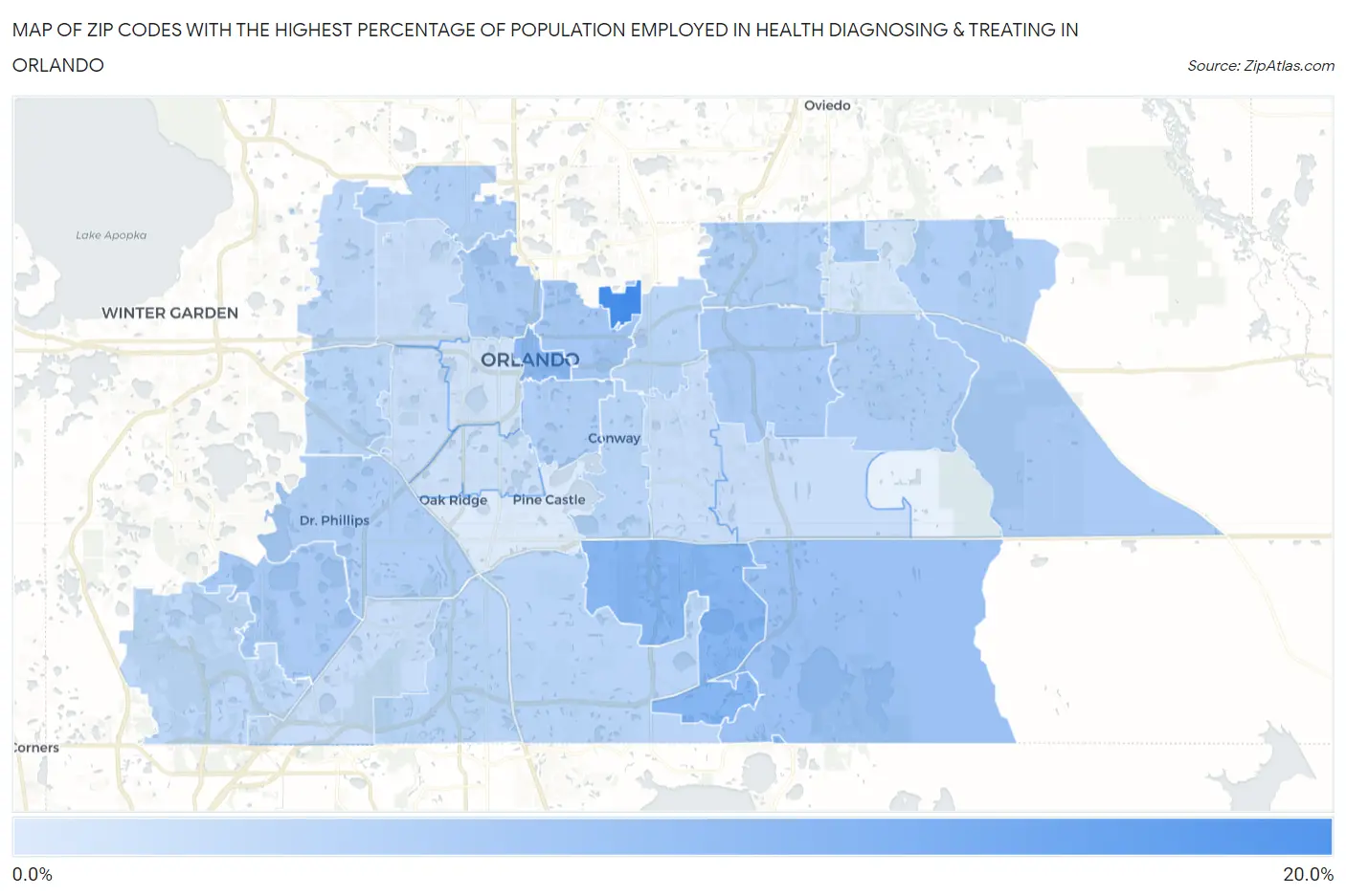 Zip Codes with the Highest Percentage of Population Employed in Health Diagnosing & Treating in Orlando Map