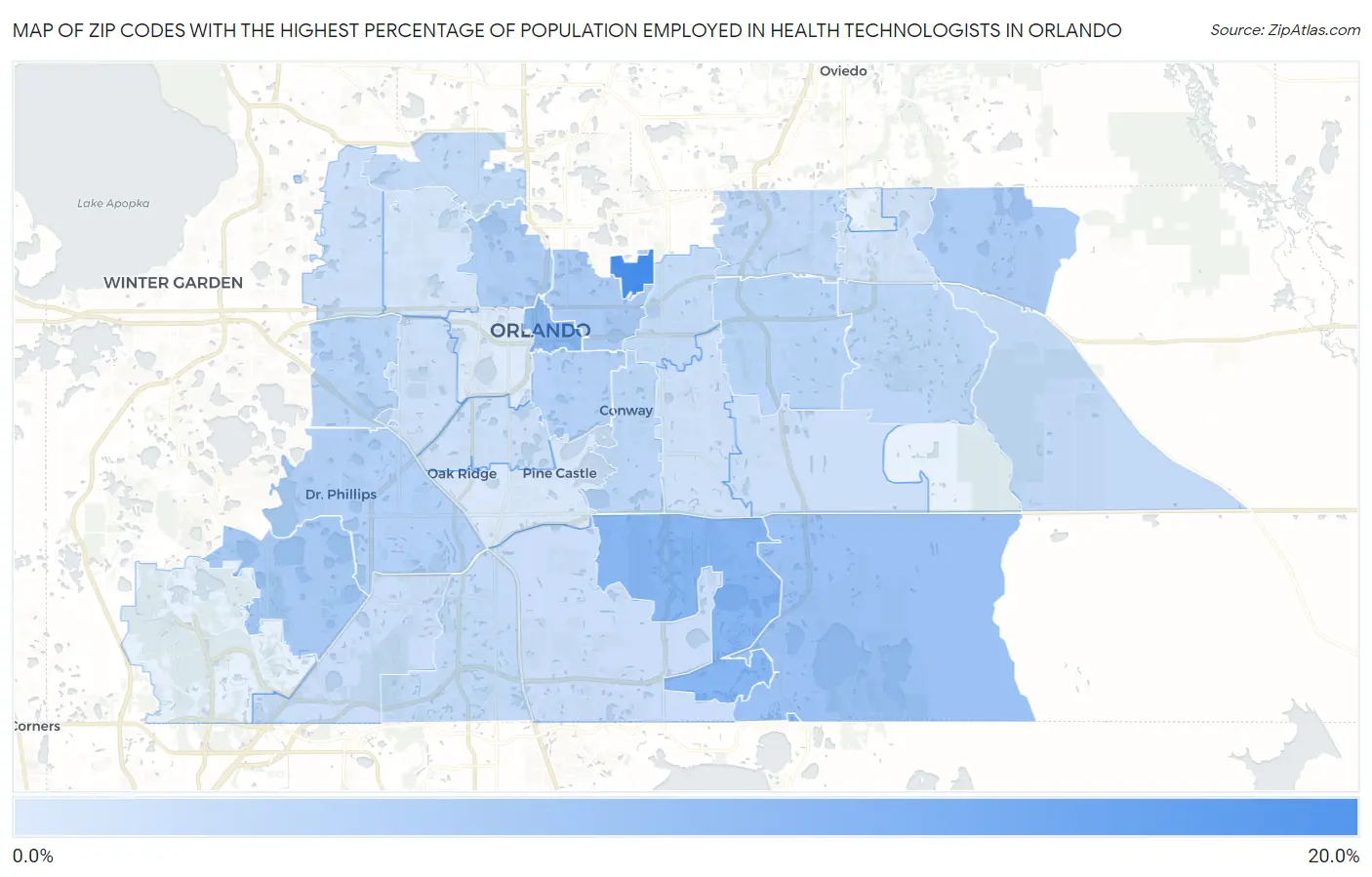 Zip Codes with the Highest Percentage of Population Employed in Health Technologists in Orlando Map