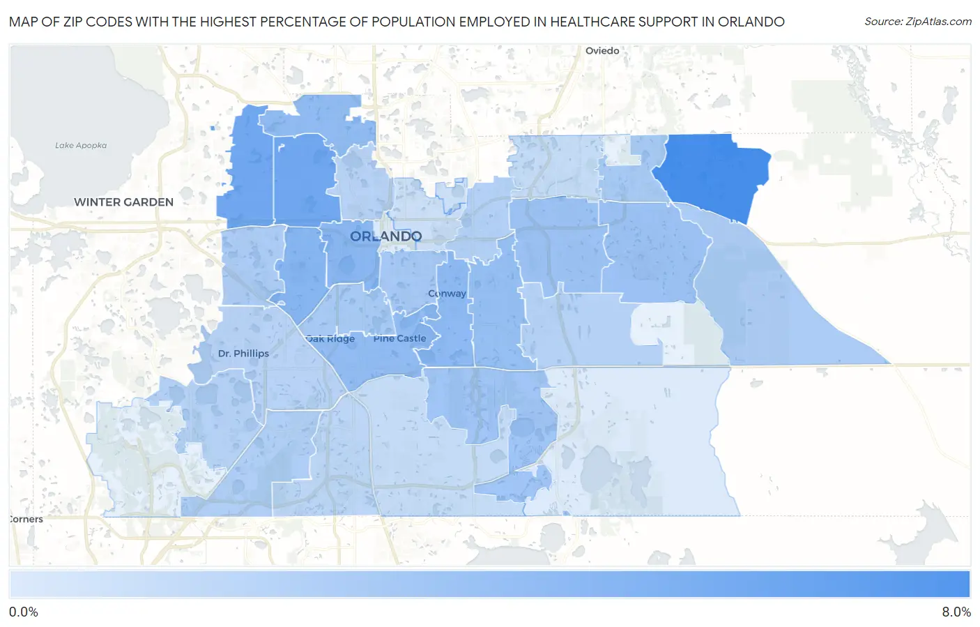 Zip Codes with the Highest Percentage of Population Employed in Healthcare Support in Orlando Map