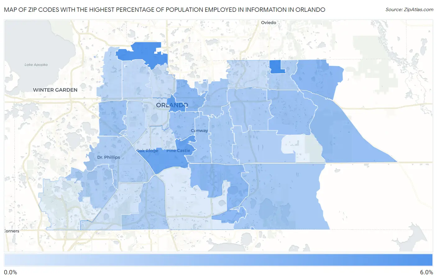 Zip Codes with the Highest Percentage of Population Employed in Information in Orlando Map