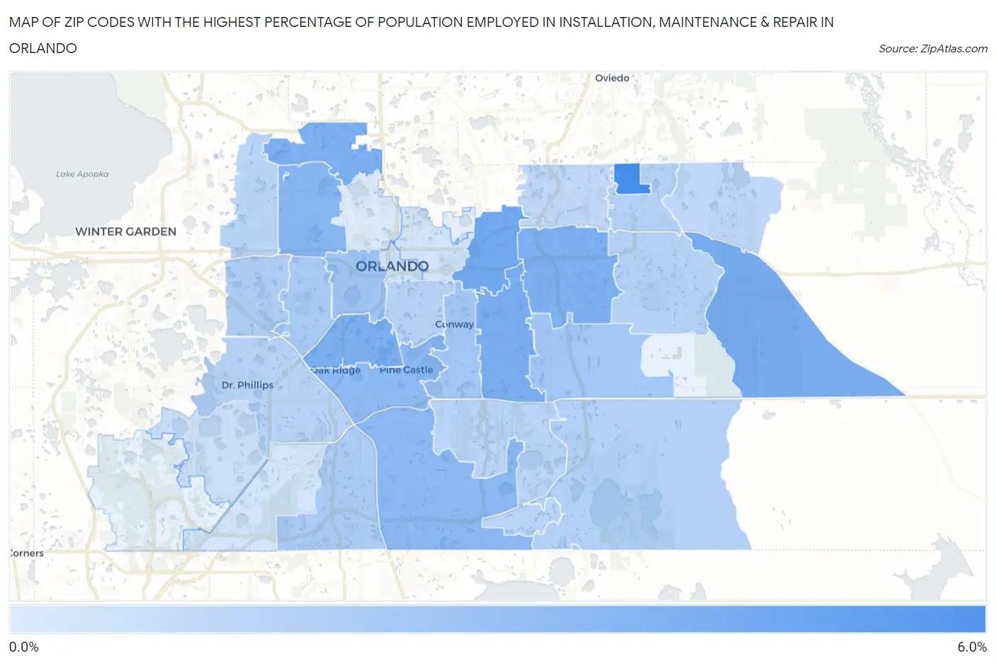 Zip Codes with the Highest Percentage of Population Employed in Installation, Maintenance & Repair in Orlando Map