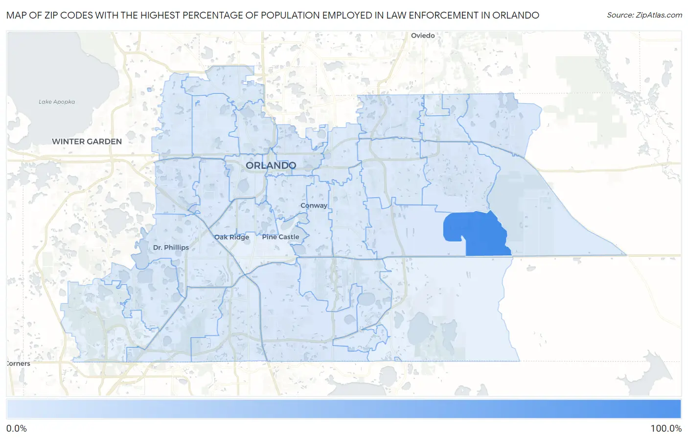 Zip Codes with the Highest Percentage of Population Employed in Law Enforcement in Orlando Map