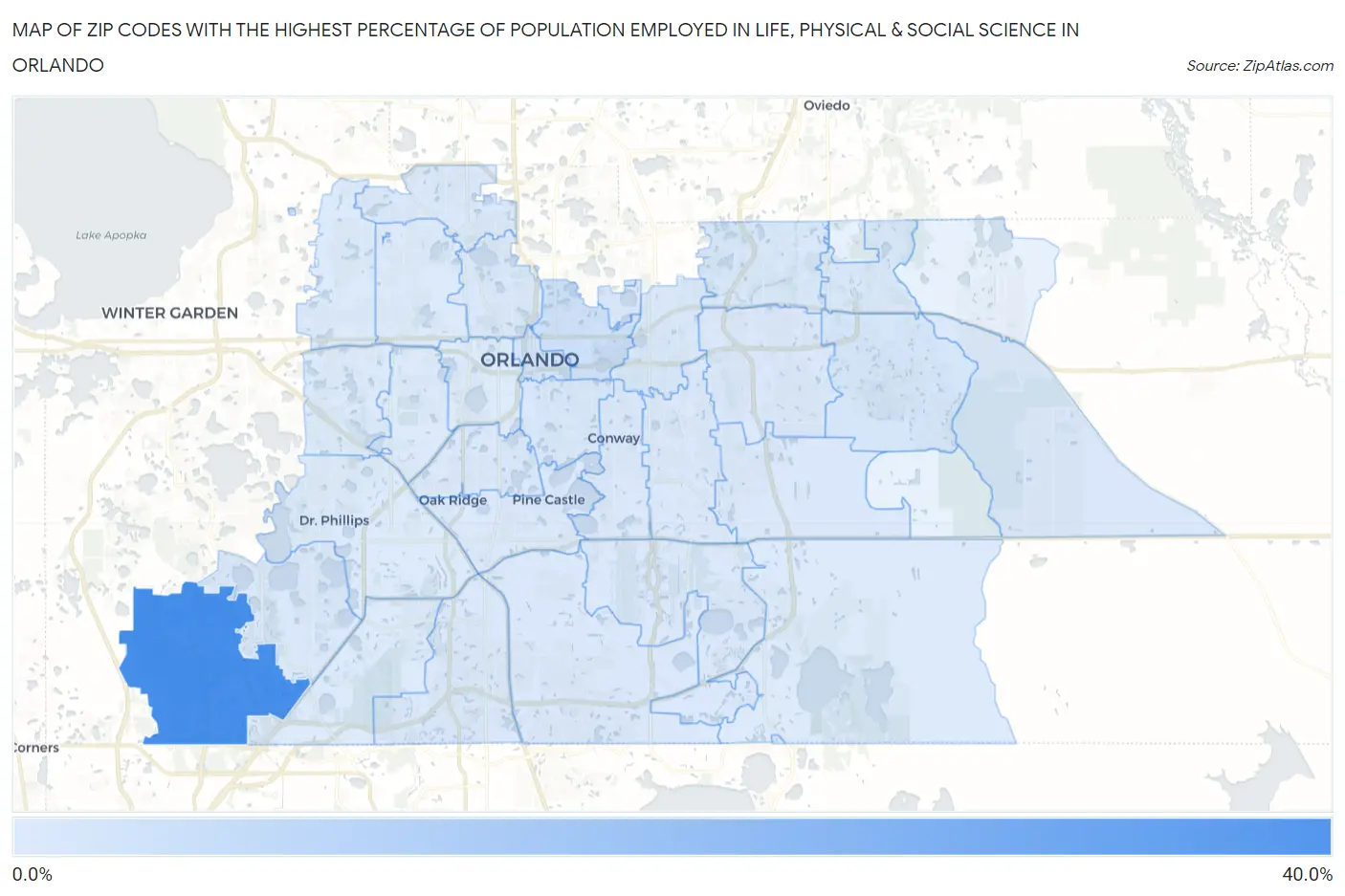 Zip Codes with the Highest Percentage of Population Employed in Life, Physical & Social Science in Orlando Map