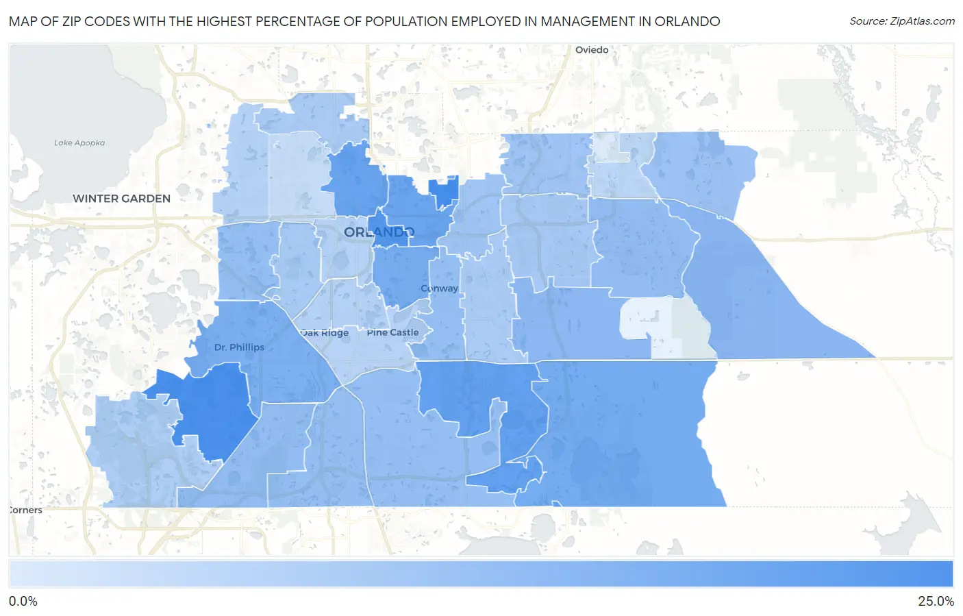 Zip Codes with the Highest Percentage of Population Employed in Management in Orlando Map