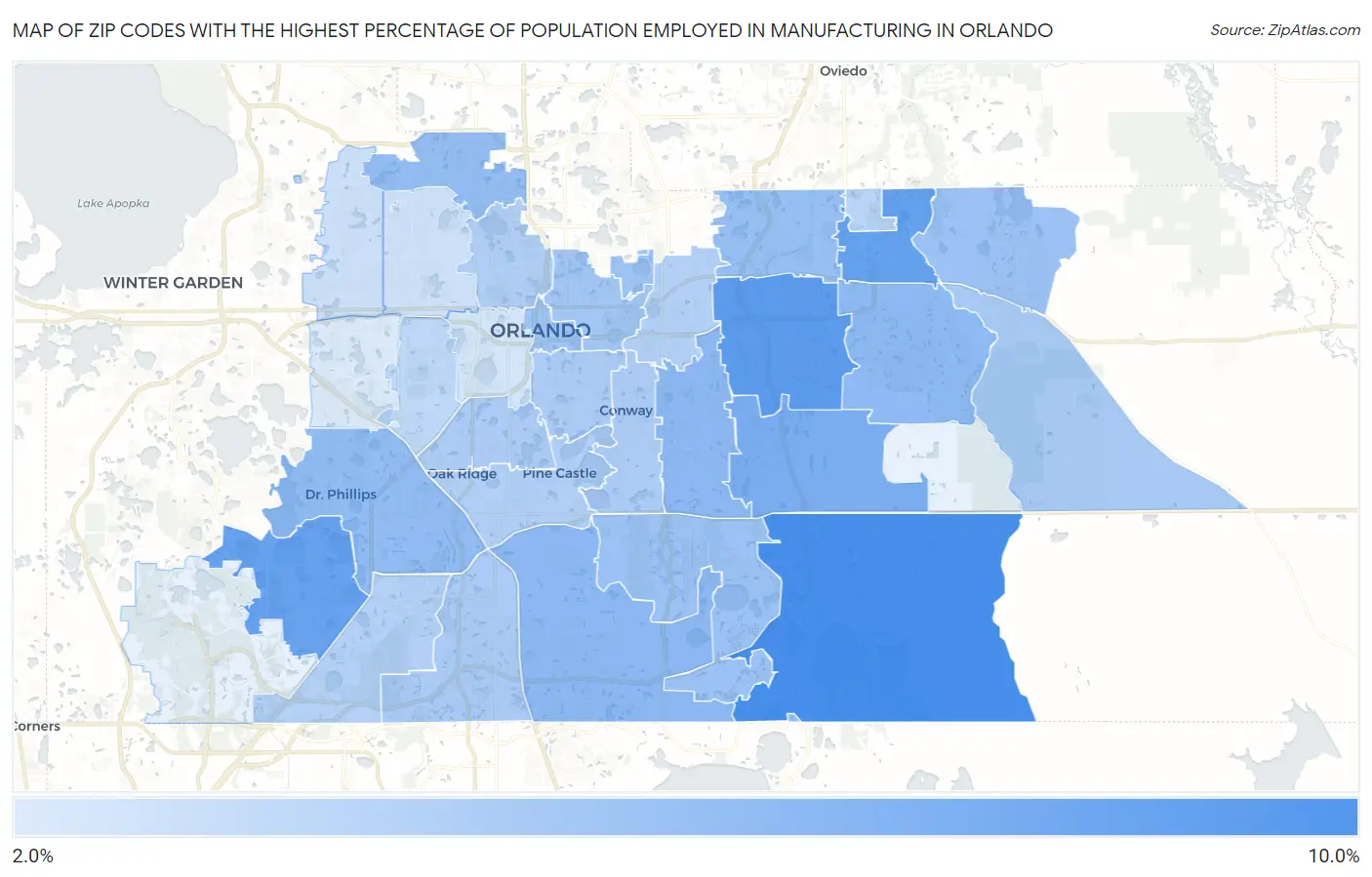 Zip Codes with the Highest Percentage of Population Employed in Manufacturing in Orlando Map