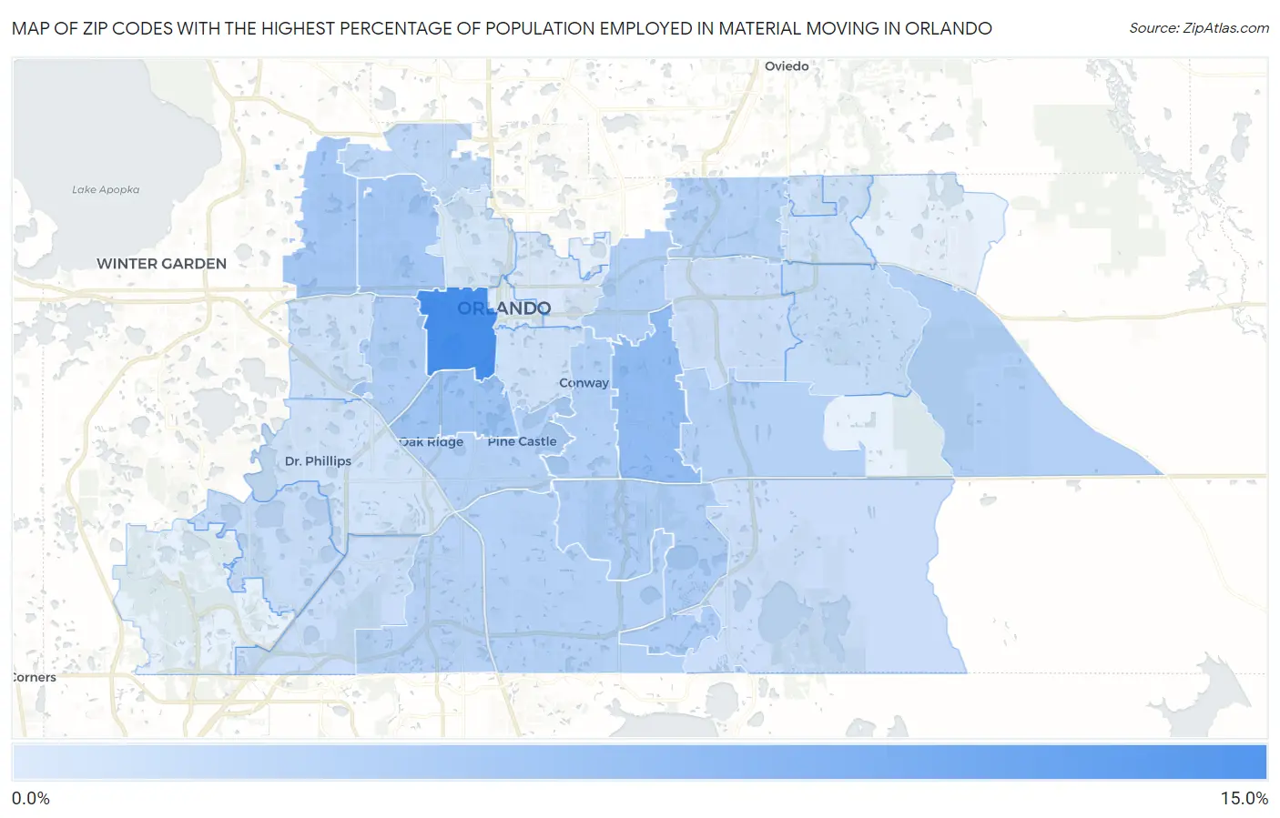 Zip Codes with the Highest Percentage of Population Employed in Material Moving in Orlando Map