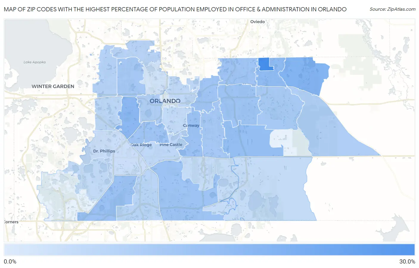 Zip Codes with the Highest Percentage of Population Employed in Office & Administration in Orlando Map