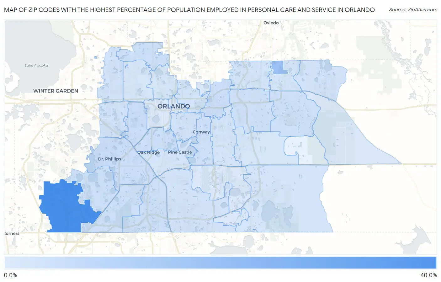 Zip Codes with the Highest Percentage of Population Employed in Personal Care and Service in Orlando Map
