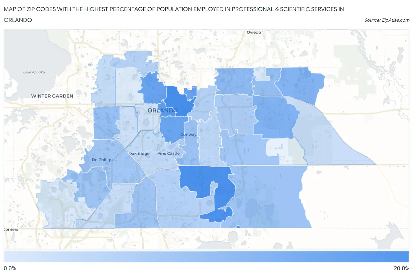 Zip Codes with the Highest Percentage of Population Employed in Professional & Scientific Services in Orlando Map