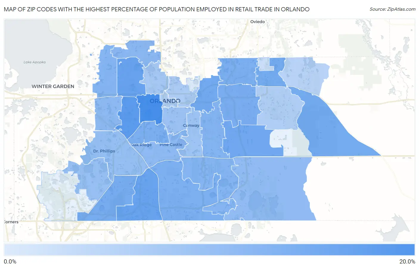 Zip Codes with the Highest Percentage of Population Employed in Retail Trade in Orlando Map