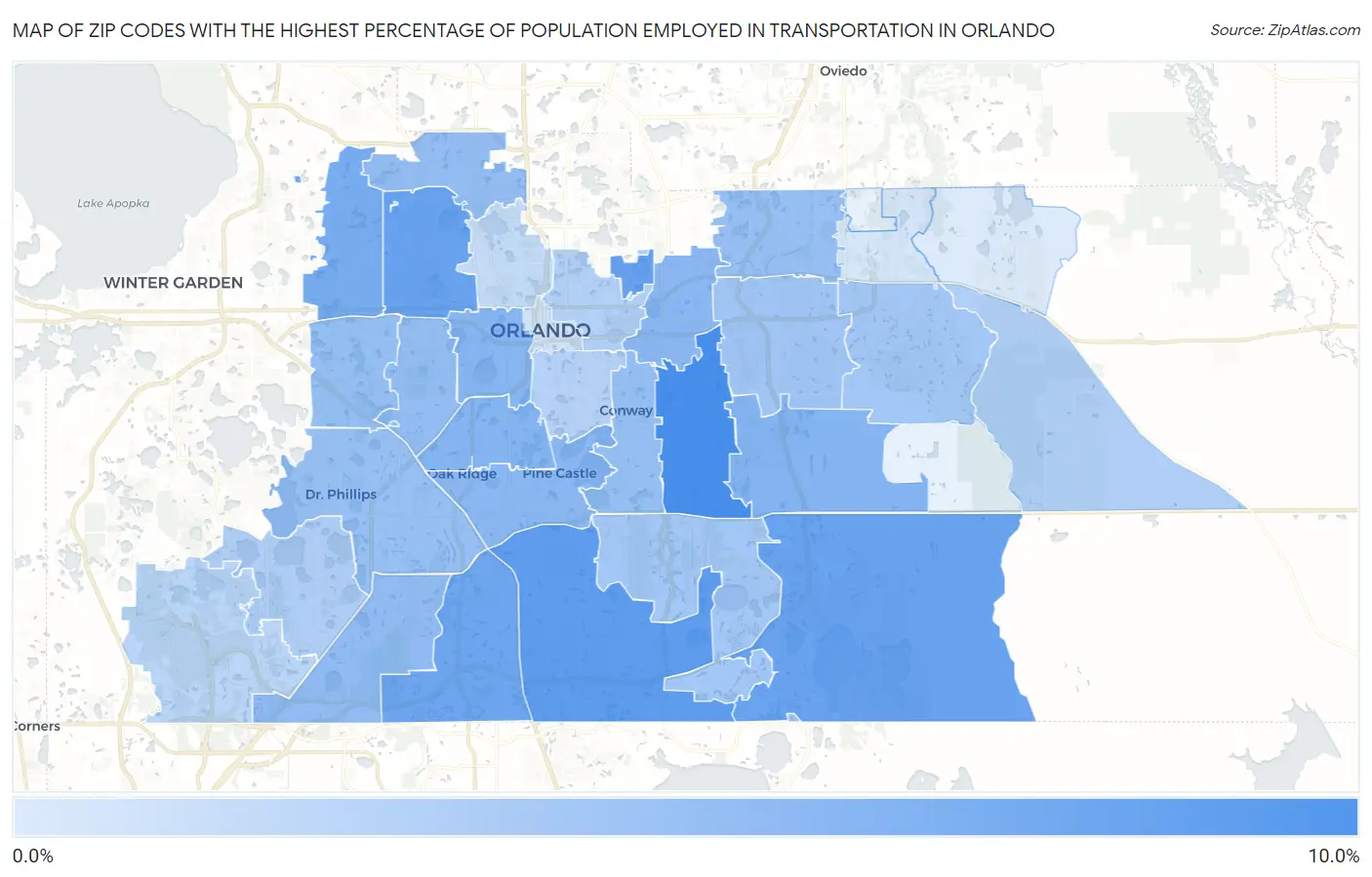 Zip Codes with the Highest Percentage of Population Employed in Transportation in Orlando Map