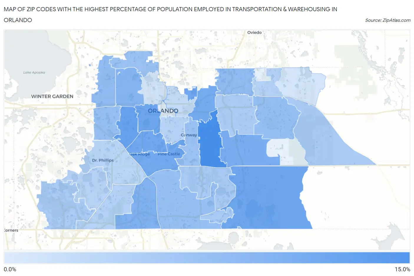 Zip Codes with the Highest Percentage of Population Employed in Transportation & Warehousing in Orlando Map