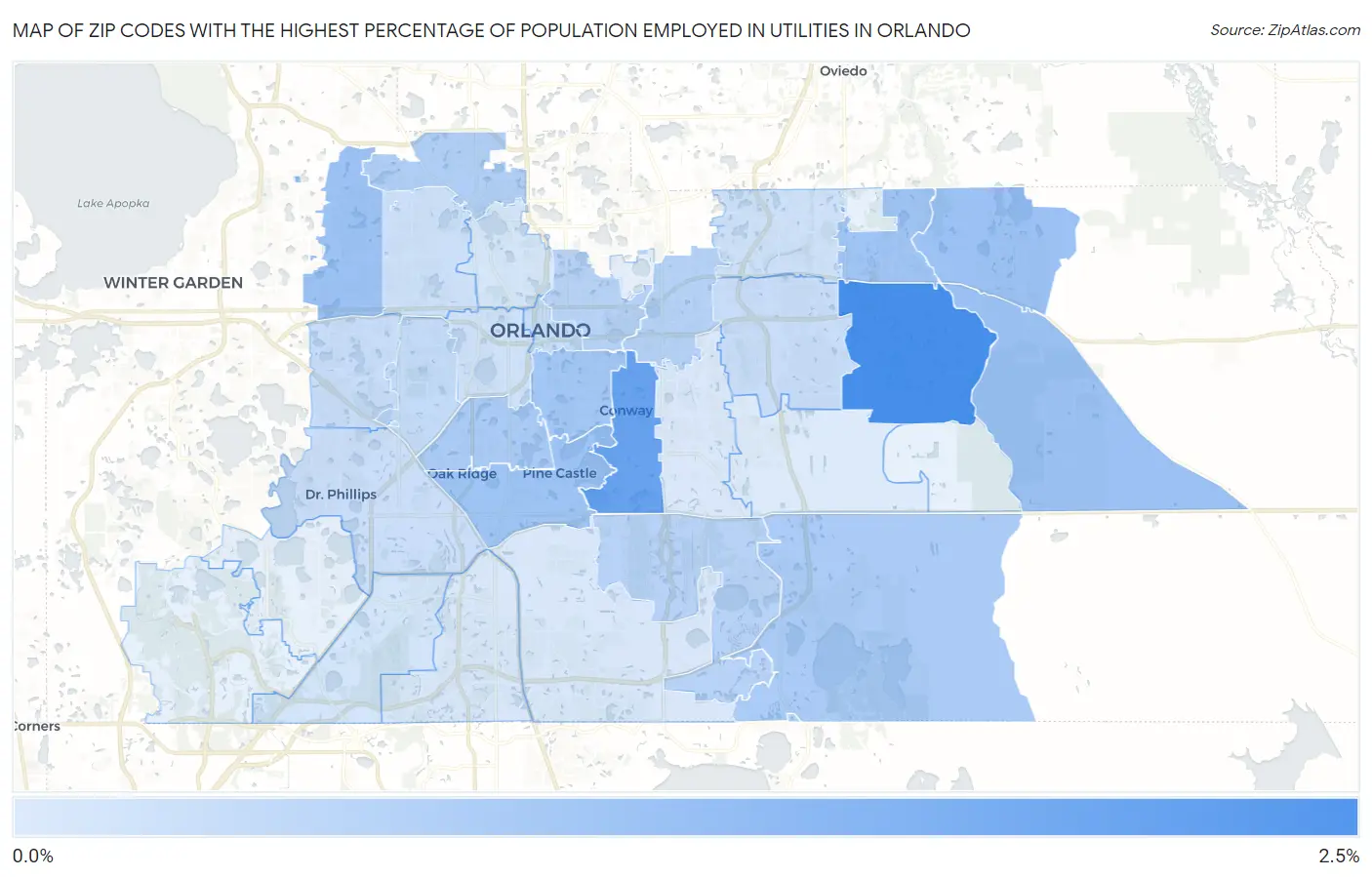 Zip Codes with the Highest Percentage of Population Employed in Utilities in Orlando Map