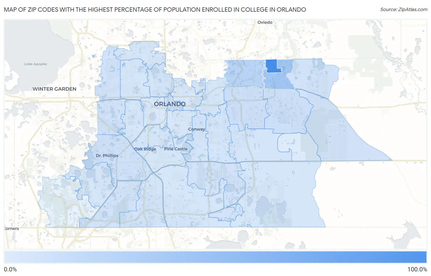 Zip Codes with the Highest Percentage of Population Enrolled in College in Orlando Map