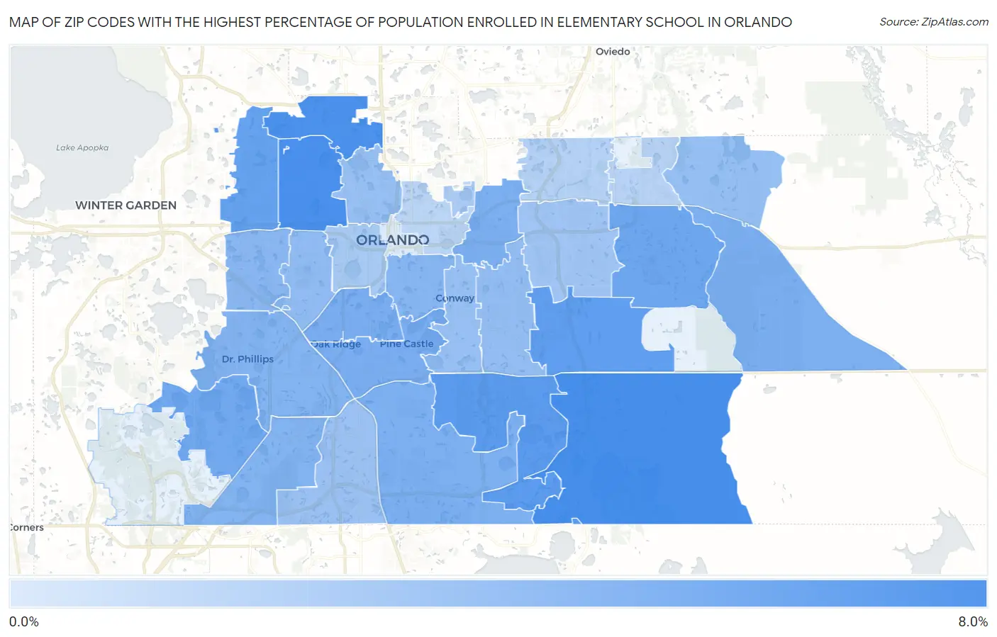 Zip Codes with the Highest Percentage of Population Enrolled in Elementary School in Orlando Map