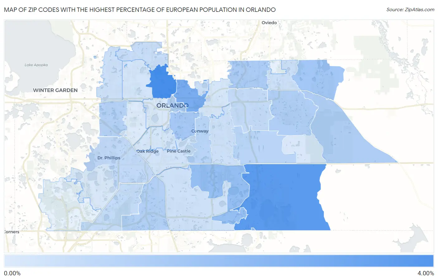 Zip Codes with the Highest Percentage of European Population in Orlando Map
