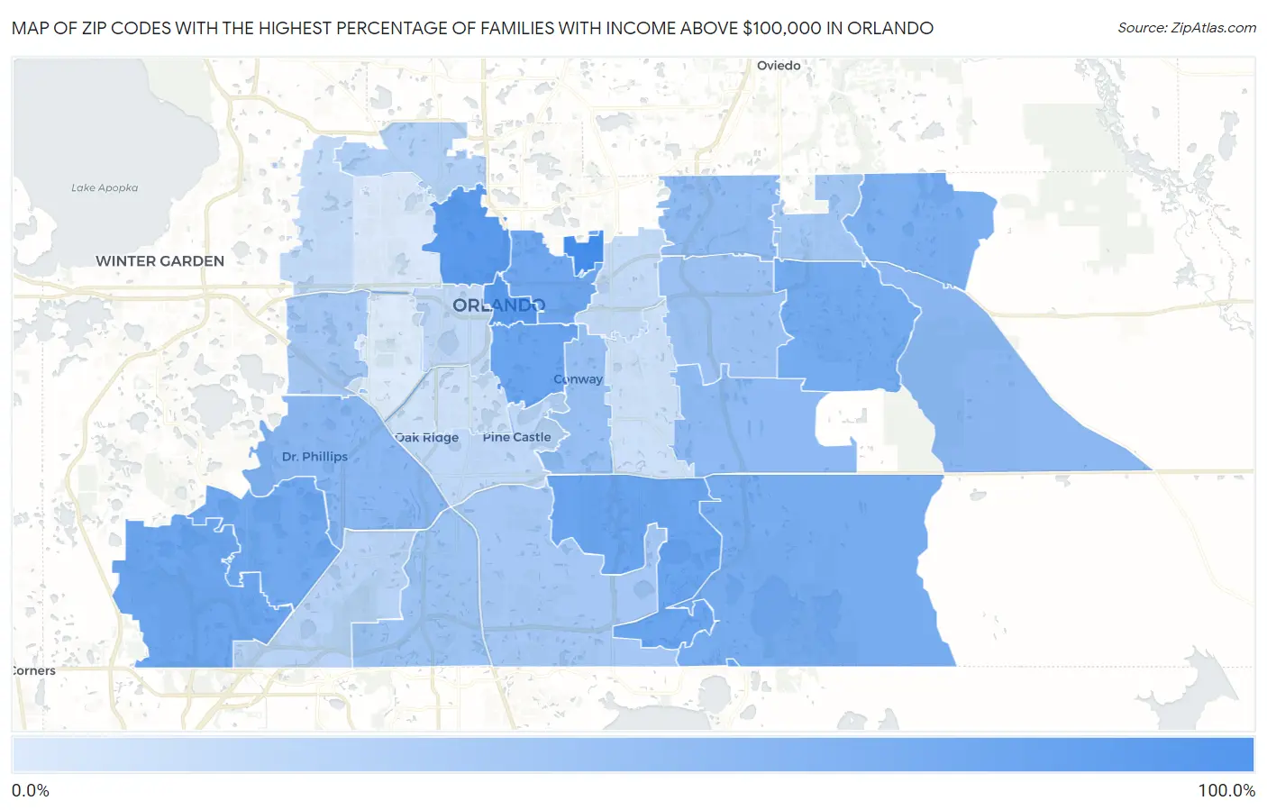 Zip Codes with the Highest Percentage of Families with Income Above $100,000 in Orlando Map