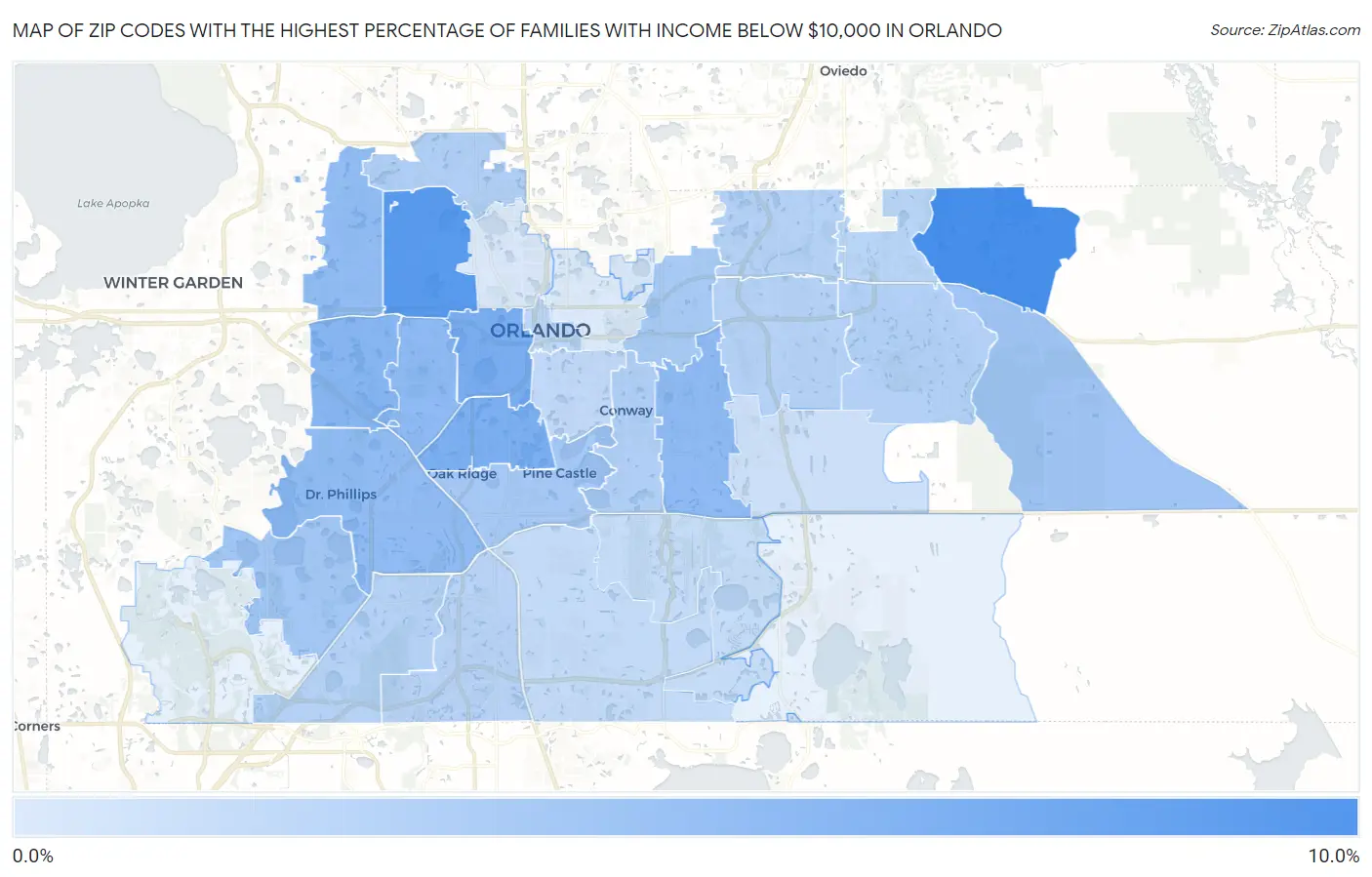 Zip Codes with the Highest Percentage of Families with Income Below $10,000 in Orlando Map
