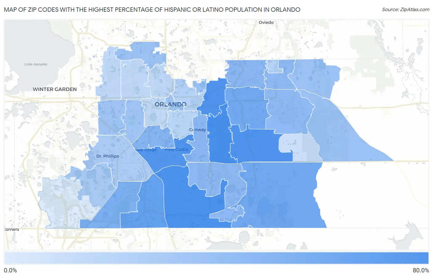 Zip Codes with the Highest Percentage of Hispanic or Latino Population in Orlando Map