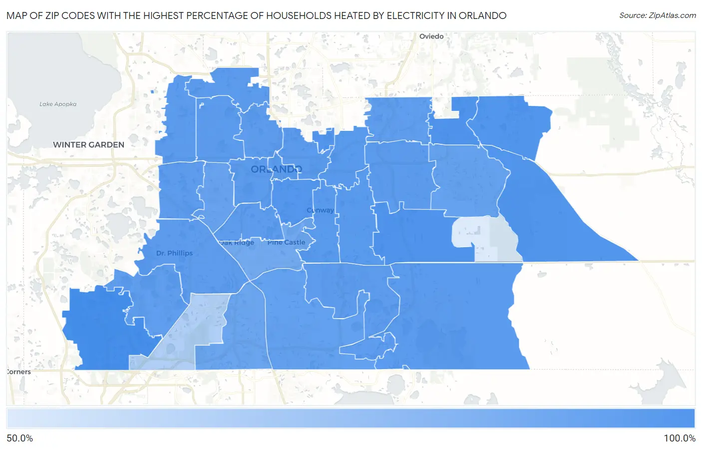 Zip Codes with the Highest Percentage of Households Heated by Electricity in Orlando Map