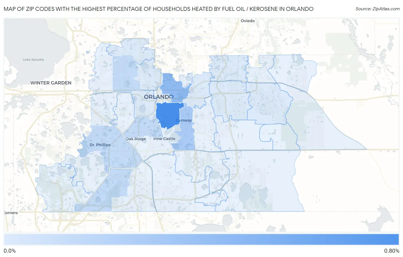 Zip Codes with the Highest Percentage of Households Heated by Fuel Oil / Kerosene in Orlando Map