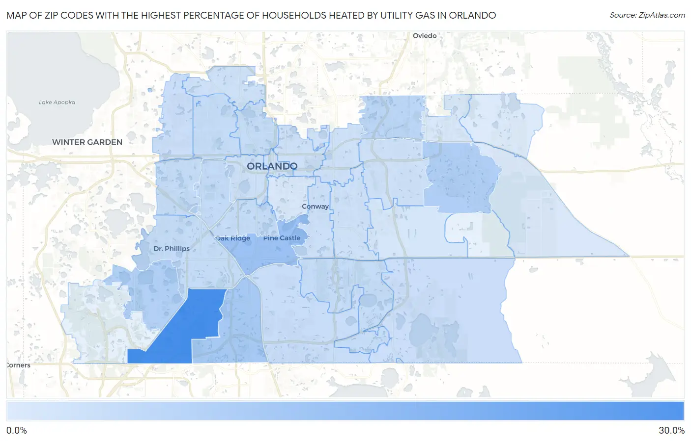 Zip Codes with the Highest Percentage of Households Heated by Utility Gas in Orlando Map