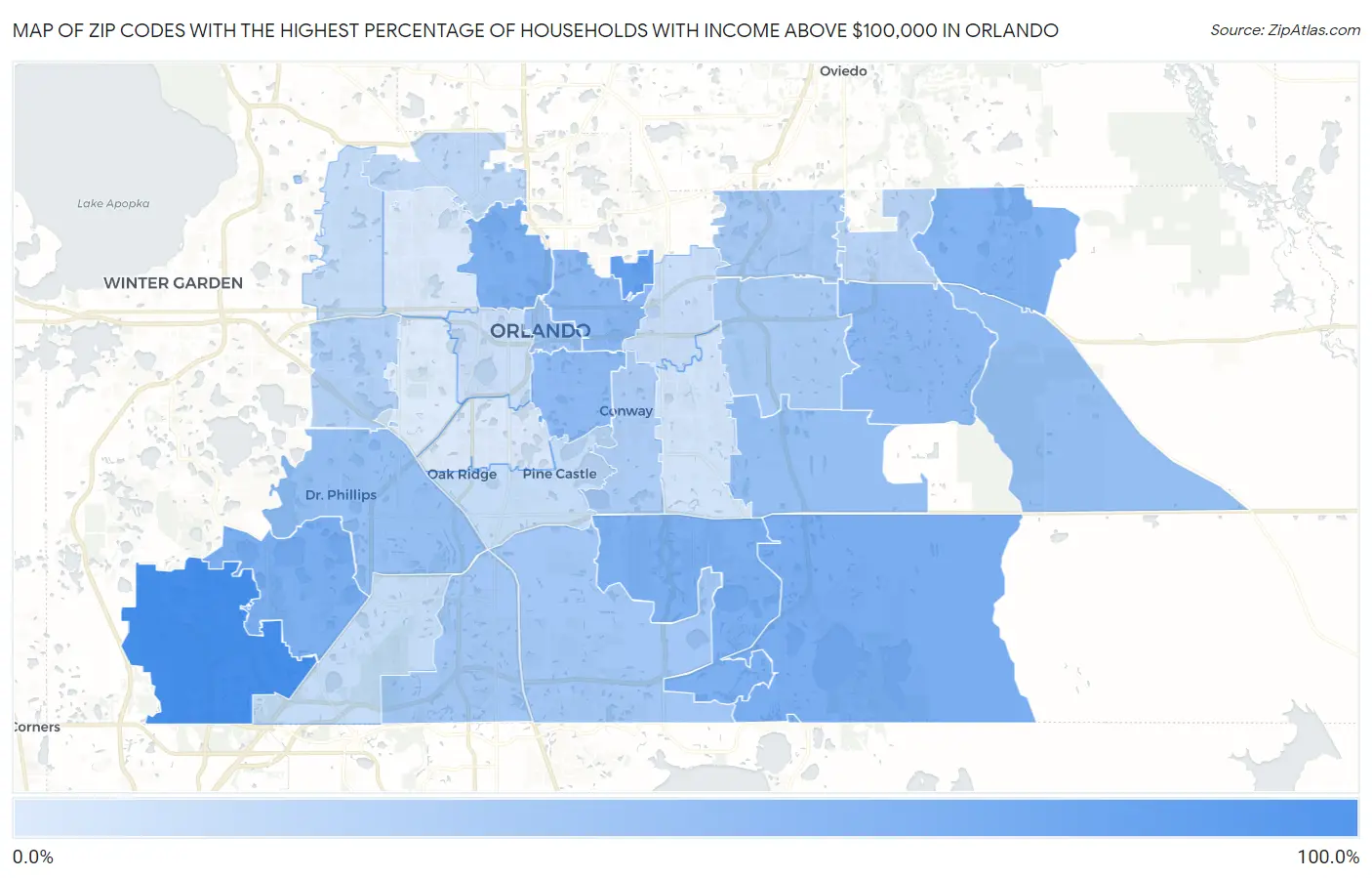 Zip Codes with the Highest Percentage of Households with Income Above $100,000 in Orlando Map