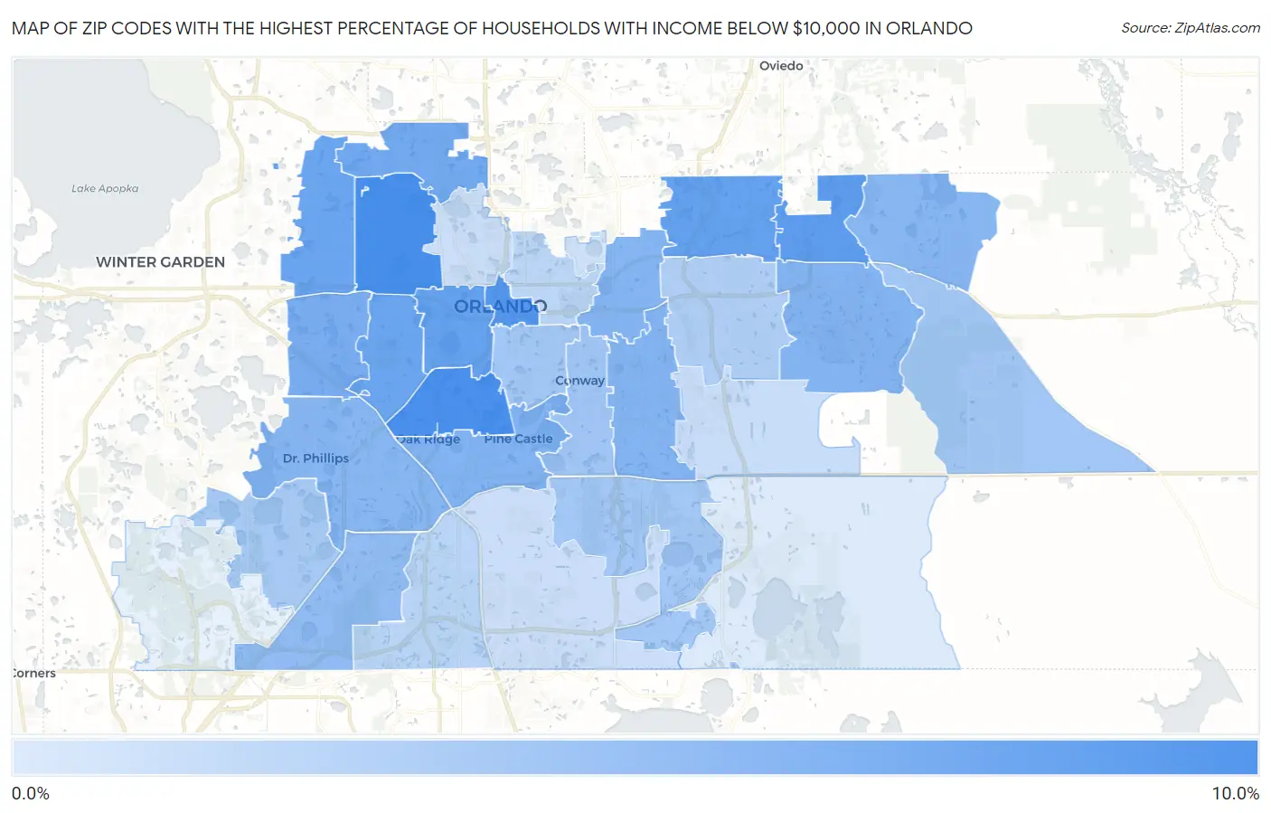Zip Codes with the Highest Percentage of Households with Income Below $10,000 in Orlando Map