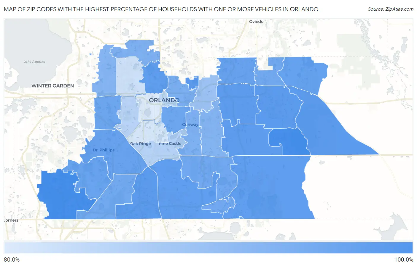 Zip Codes with the Highest Percentage of Households With One or more Vehicles in Orlando Map