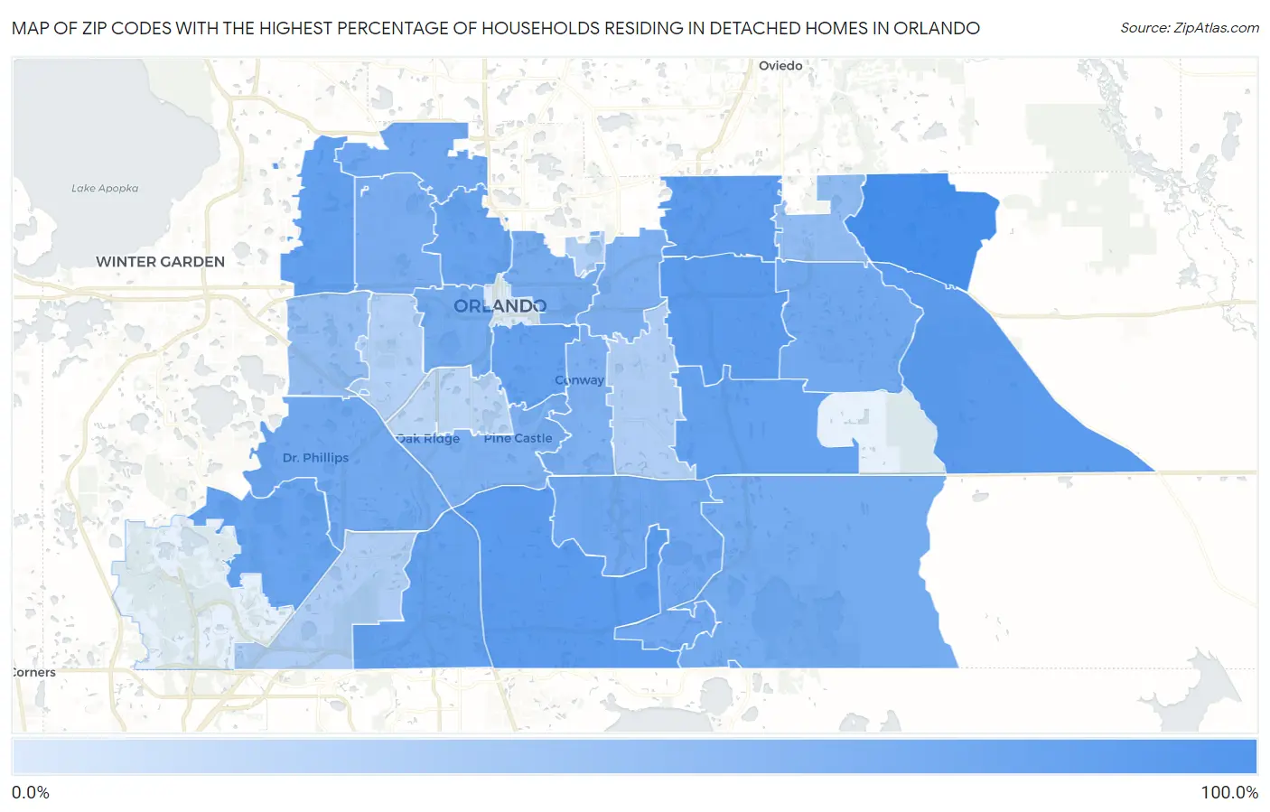 Zip Codes with the Highest Percentage of Households Residing in Detached Homes in Orlando Map