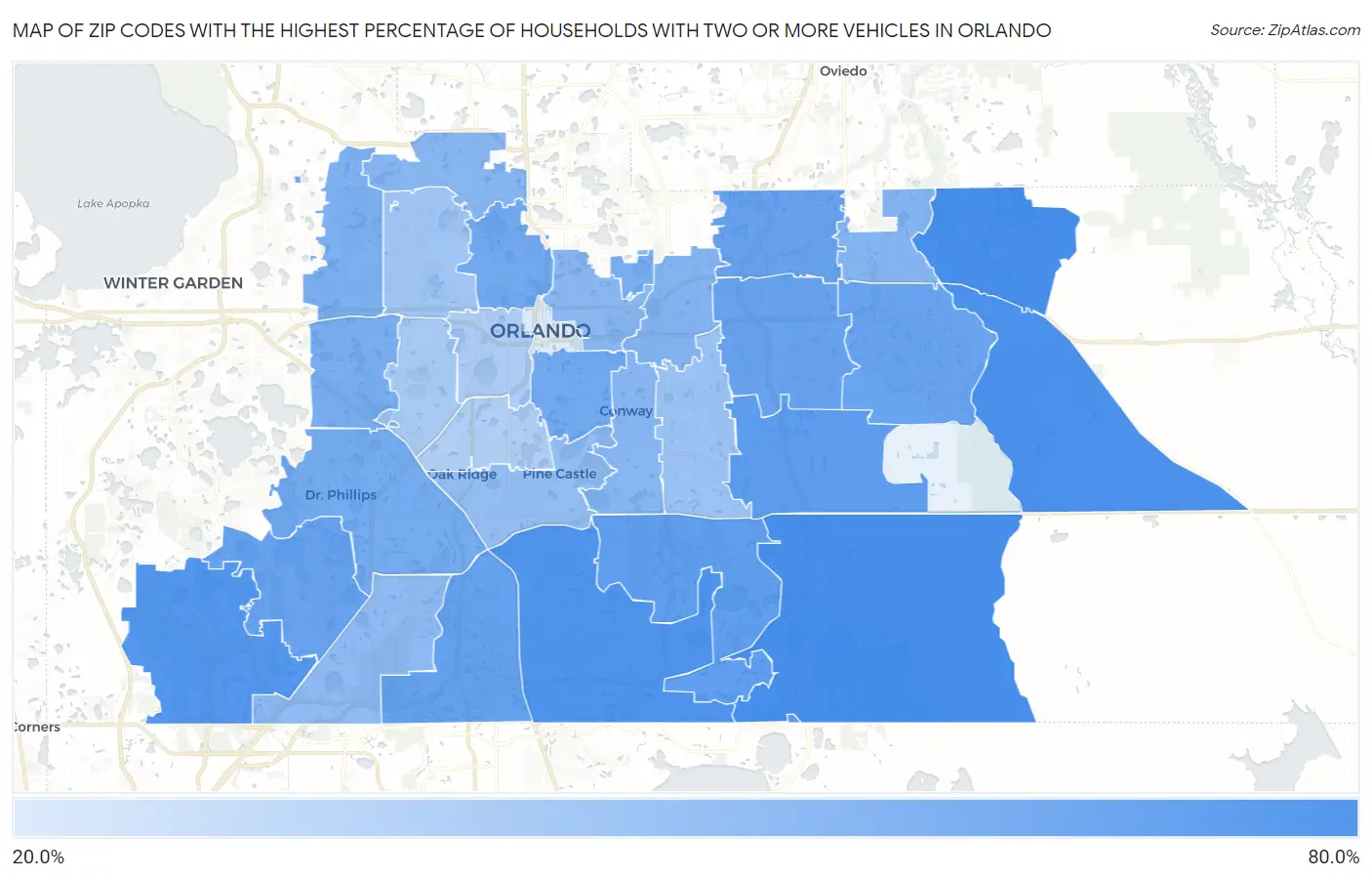 Zip Codes with the Highest Percentage of Households With Two or more Vehicles in Orlando Map