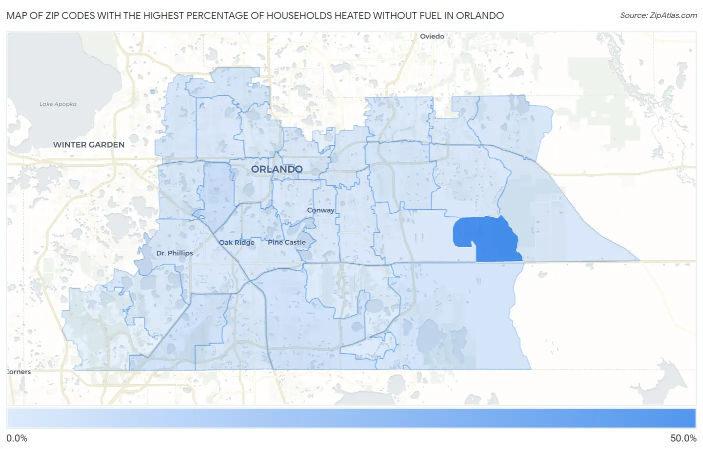 Zip Codes with the Highest Percentage of Households Heated without Fuel in Orlando Map