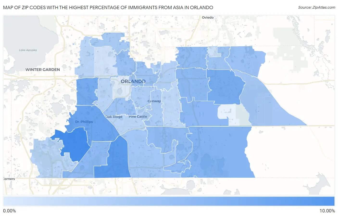 Zip Codes with the Highest Percentage of Immigrants from Asia in Orlando Map