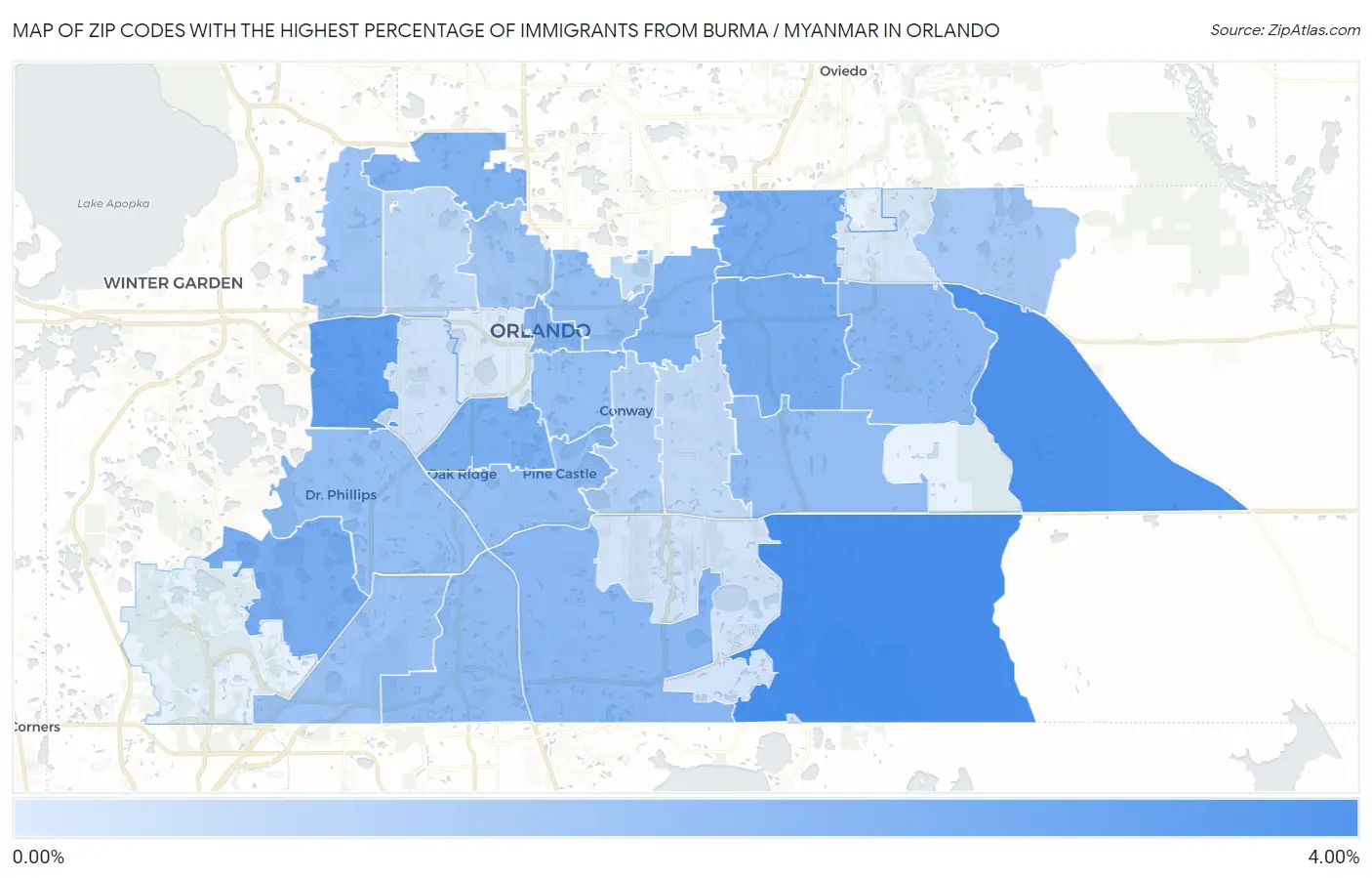 Zip Codes with the Highest Percentage of Immigrants from Burma / Myanmar in Orlando Map