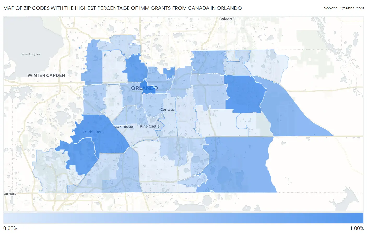 Zip Codes with the Highest Percentage of Immigrants from Canada in Orlando Map