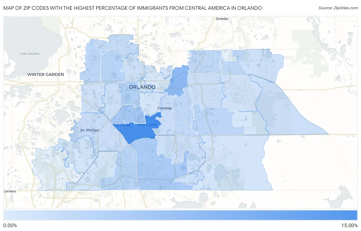 Zip Codes with the Highest Percentage of Immigrants from Central America in Orlando Map