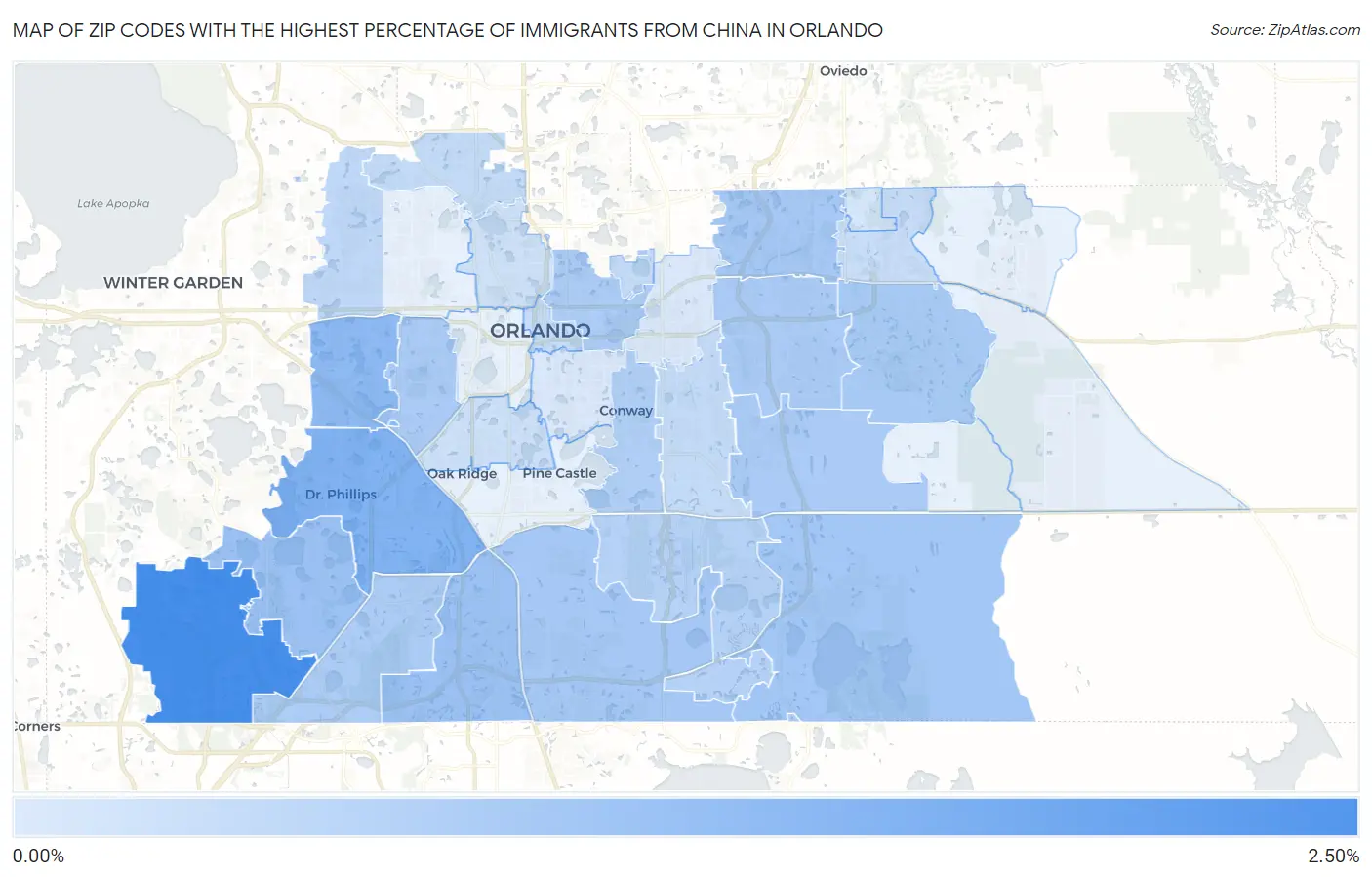 Zip Codes with the Highest Percentage of Immigrants from China in Orlando Map