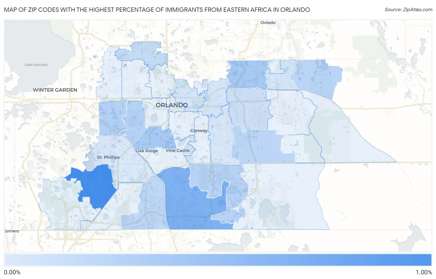 Zip Codes with the Highest Percentage of Immigrants from Eastern Africa in Orlando Map
