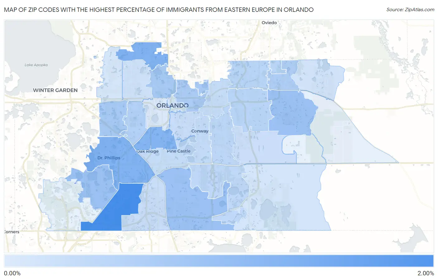 Zip Codes with the Highest Percentage of Immigrants from Eastern Europe in Orlando Map