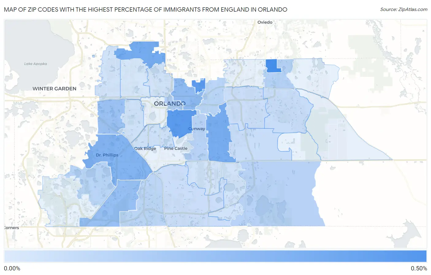 Zip Codes with the Highest Percentage of Immigrants from England in Orlando Map