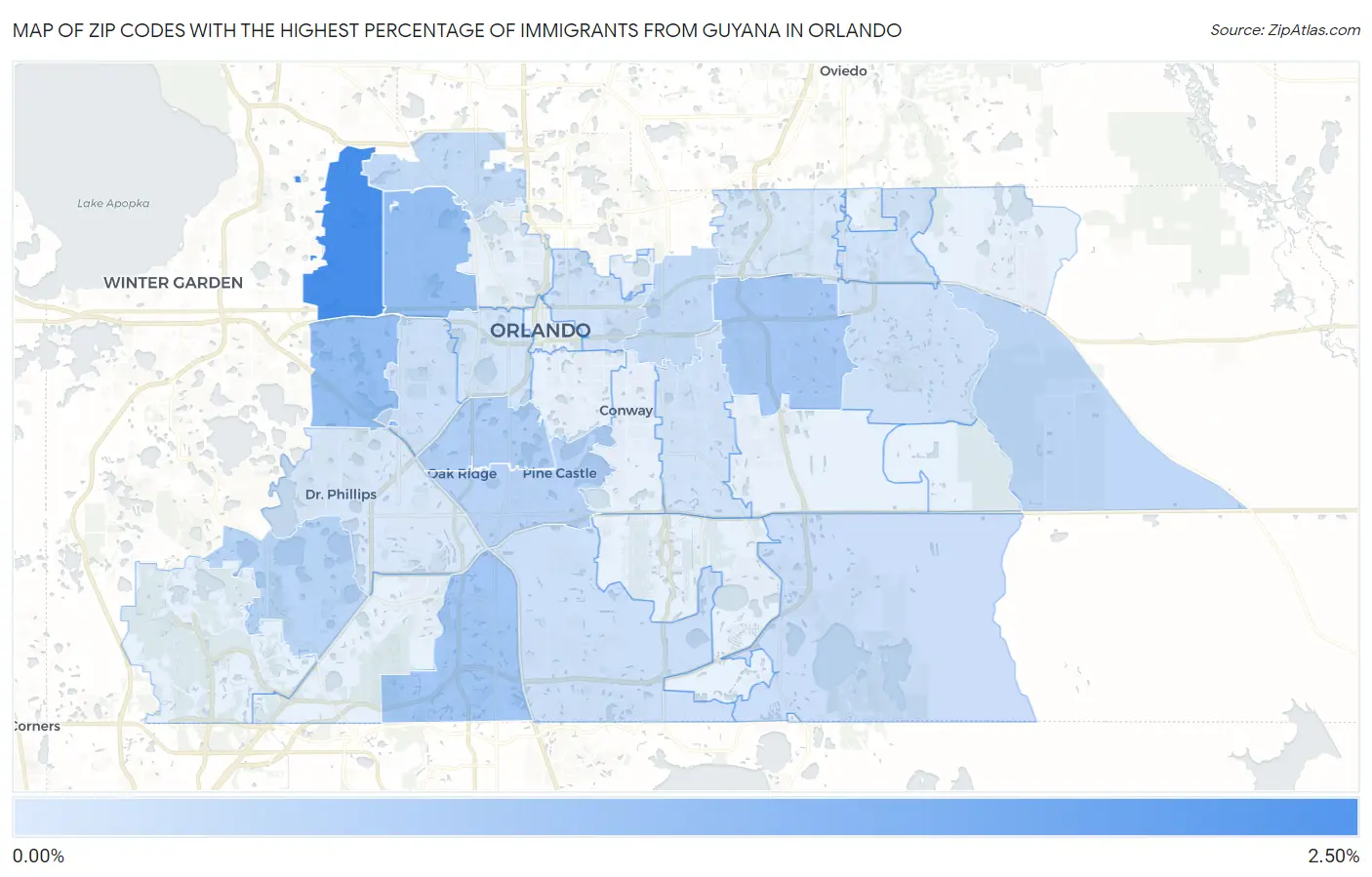 Zip Codes with the Highest Percentage of Immigrants from Guyana in Orlando Map