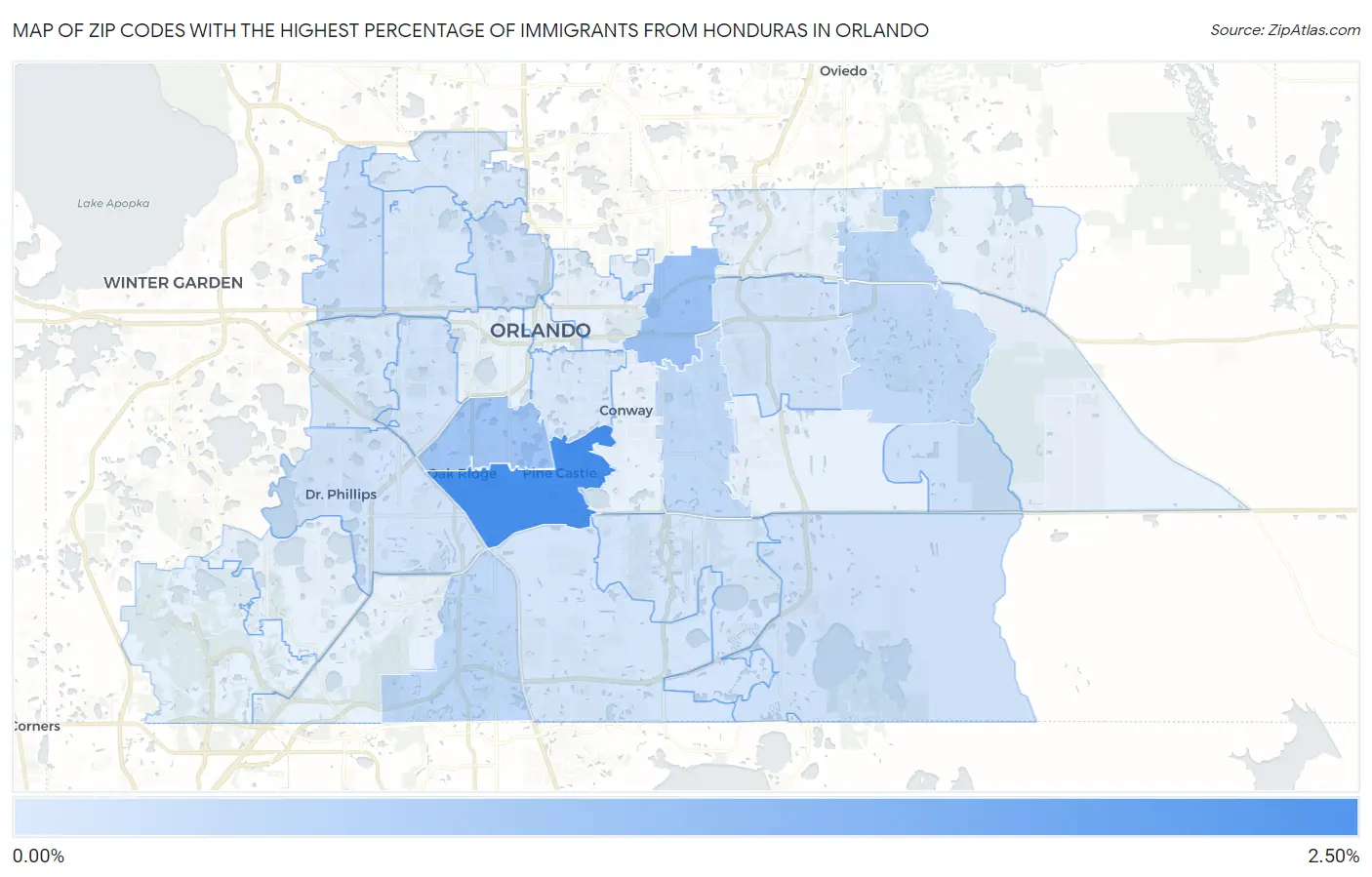 Zip Codes with the Highest Percentage of Immigrants from Honduras in Orlando Map