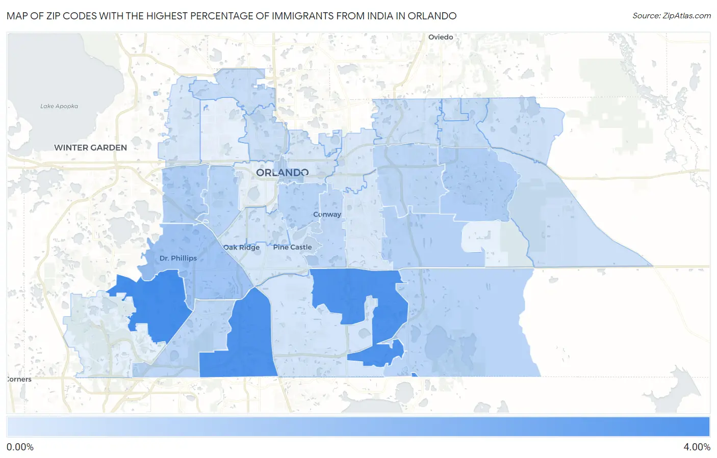 Zip Codes with the Highest Percentage of Immigrants from India in Orlando Map